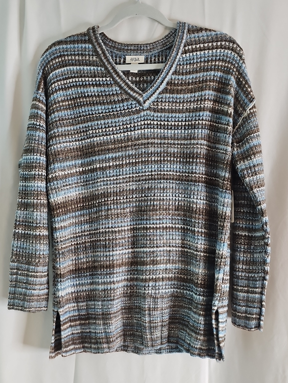 a.n.a V-Neck Striped Knit Sweater - Blue & Brown